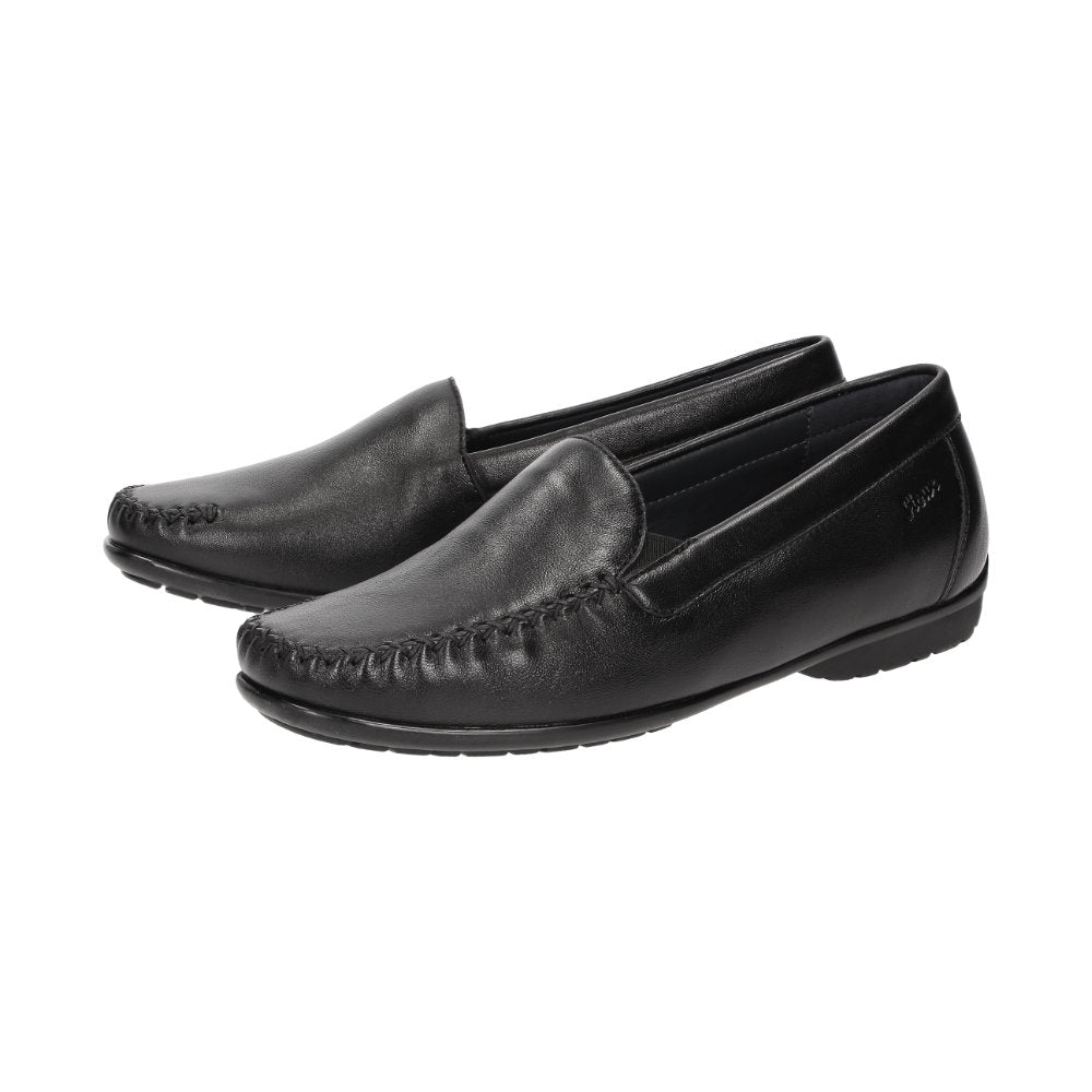 Back view of Black Cortizia women's loafer shoe on a white background showing Sioux brand on black rubber sole and Nappa