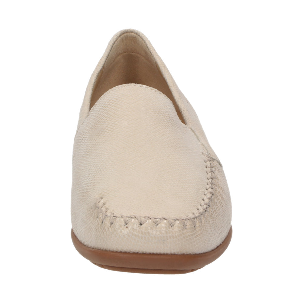 Inside view of Cream Cortizia women's loafer shoe on a white background showing metal snaffle trim, rubber black sole and Nappa