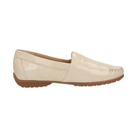 Top-down view of Cream Cortizia women's loafer shoe on a white background showing metal snaffle trim, rubber black sole and Nappa