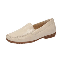Pair of Cream Cortizia women's loafer shoe on a white background showing metal snaffle trim, rubber black sole and Nappa
