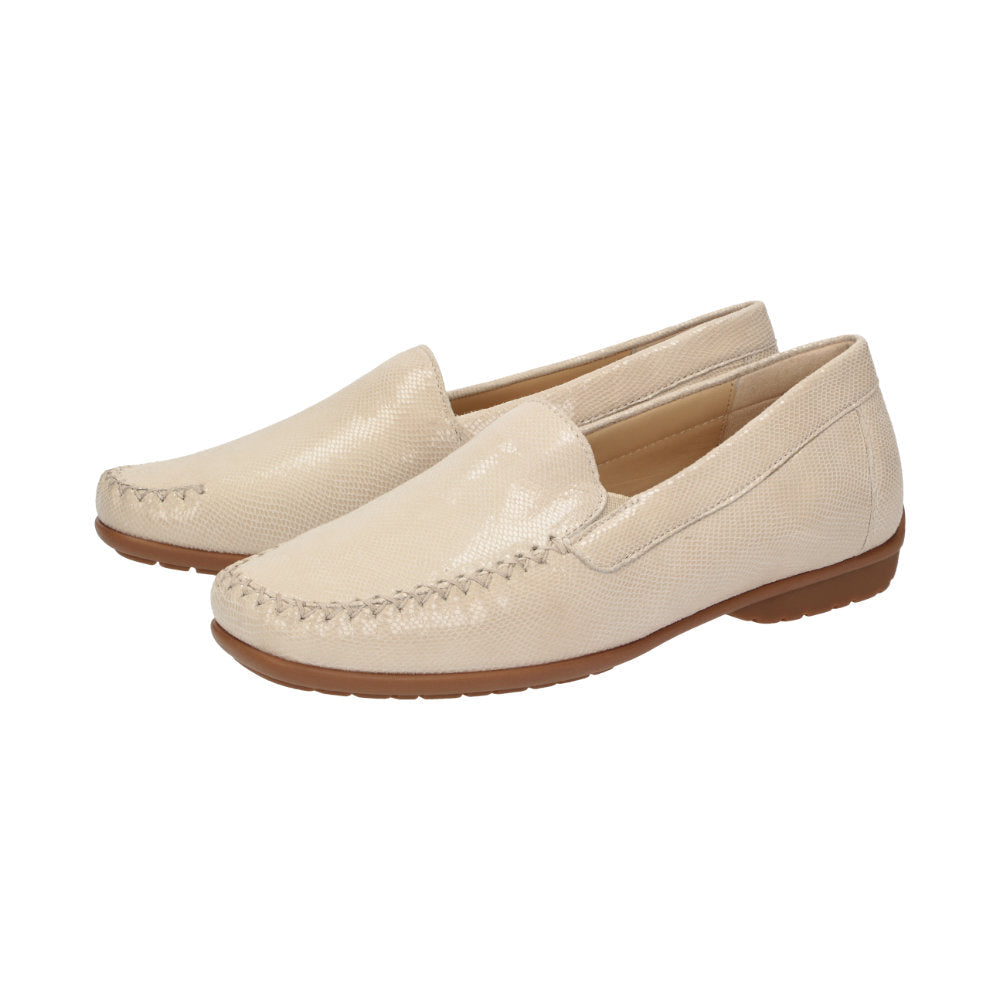 Back view of Cream Cortizia women's loafer shoe on a white background showing Sioux brand on black rubber sole and Nappa