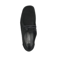 Top-down view of Grashopper-D-015 black calf suede barefoot loafer / mocassin for women slim fit showcasing cork inner lining and Grashopper brand