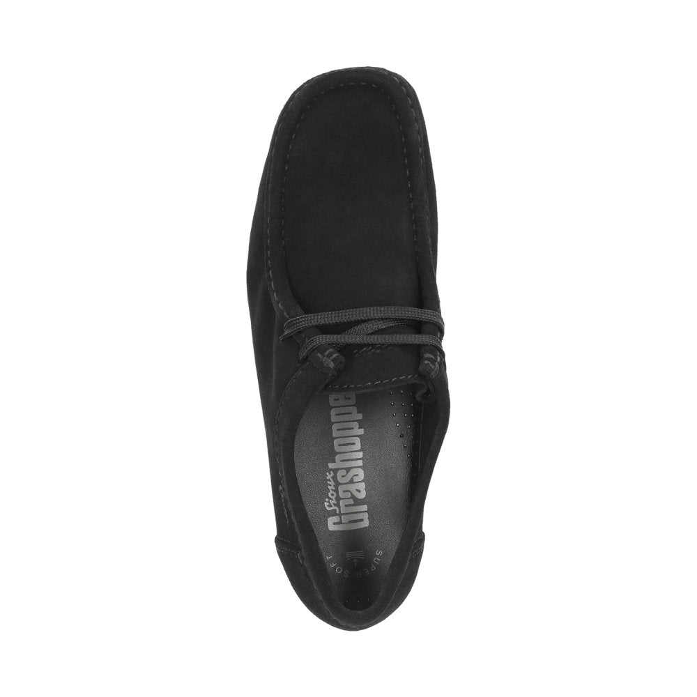 Top-down view of Grashopper-D-015 black calf suede barefoot loafer / mocassin for women slim fit showcasing cork inner lining and Grashopper brand