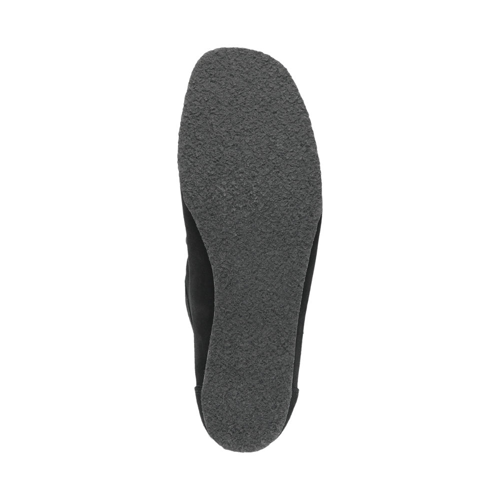 Bottom view of Grashopper-D-015 black calf suede barefoot loafer / mocassin for women slim fit showing crepe sole and cushioned comfort