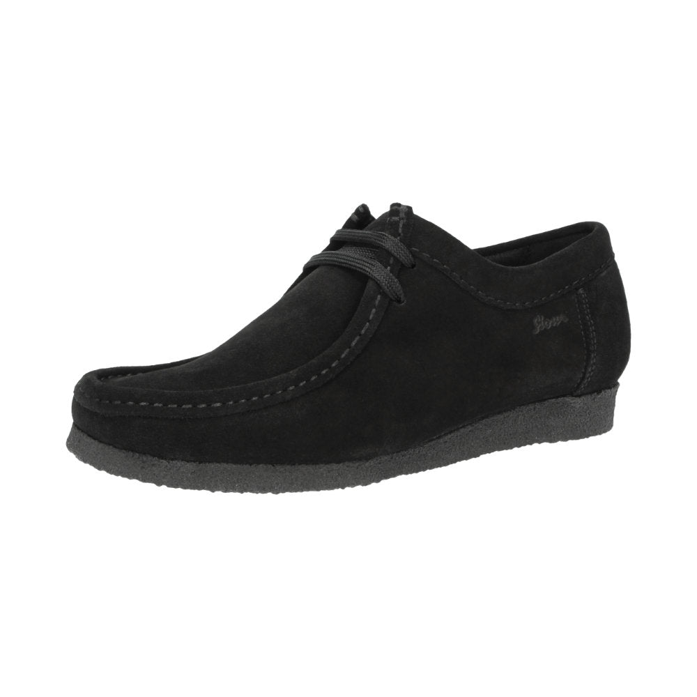 Side view of Grashopper-D-015 black calf suede barefoot loafer / mocassin for women slim fit showcasing handcrafted calf suede details