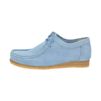 Side view of Grashopper-D-015 blue calf suede barefoot loafer / mocassin for women slim fit showcasing handcrafted calf suede details