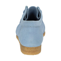 Back view profile of Grashopper-D-015 blue calf suede  barefoot loafer/ moccasin  for women slim fit showcasing natural rubber sole and heel