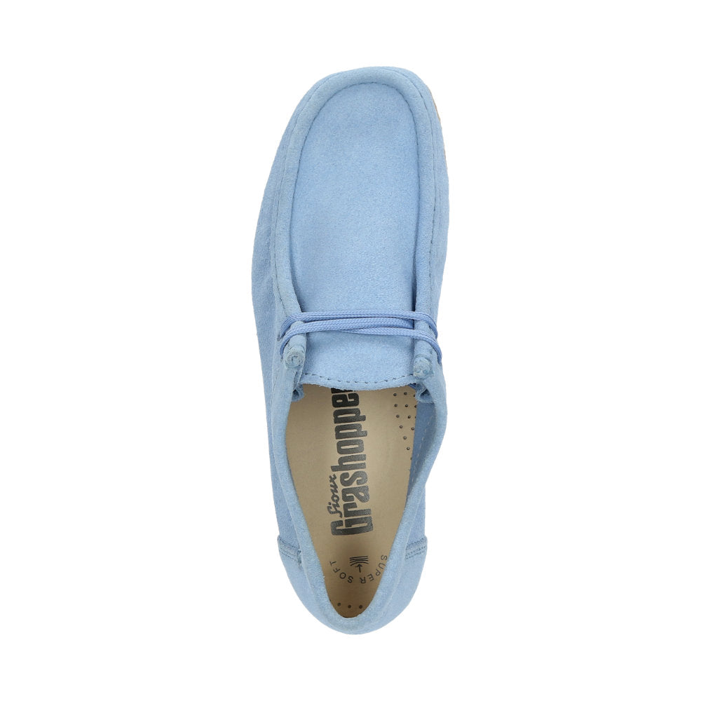 Top-down view of Grashopper-D-015 blue calf suede barefoot loafer / mocassin for women slim fit showcasing cork inner lining and Grashopper brand