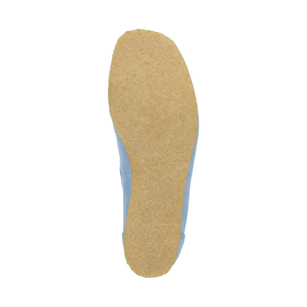 Bottom view of Grashopper-D-015 blue calf suede barefoot loafer / mocassin for women slim fit showing crepe sole and cushioned comfort