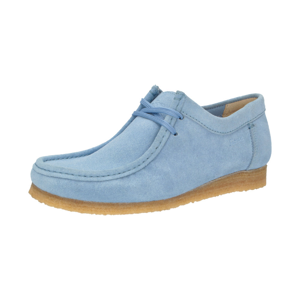 Side view of Grashopper-D-015 blue calf suede barefoot loafer / mocassin for women slim fit showcasing handcrafted calf suede details