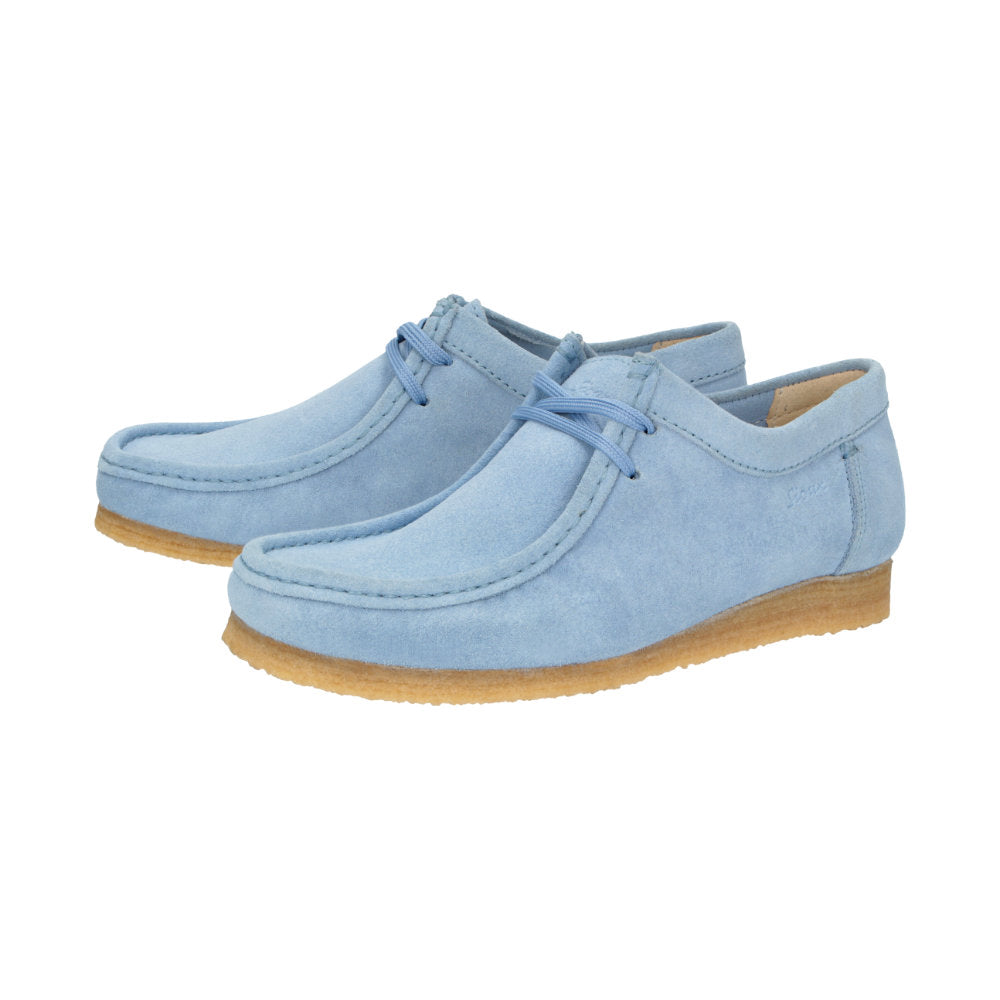 Side view of pair of Grashopper-D-015 blue calf suede barefoot loafer/ mocassin for women slim fit