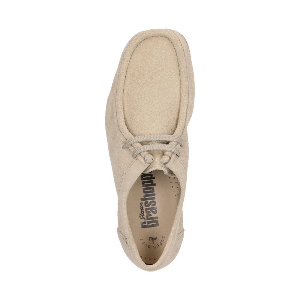 Top-down view of Grashopper-D-015 cream calf suede barefoot loafer / mocassin for women slim fit showcasing cork inner lining and Grashopper brand