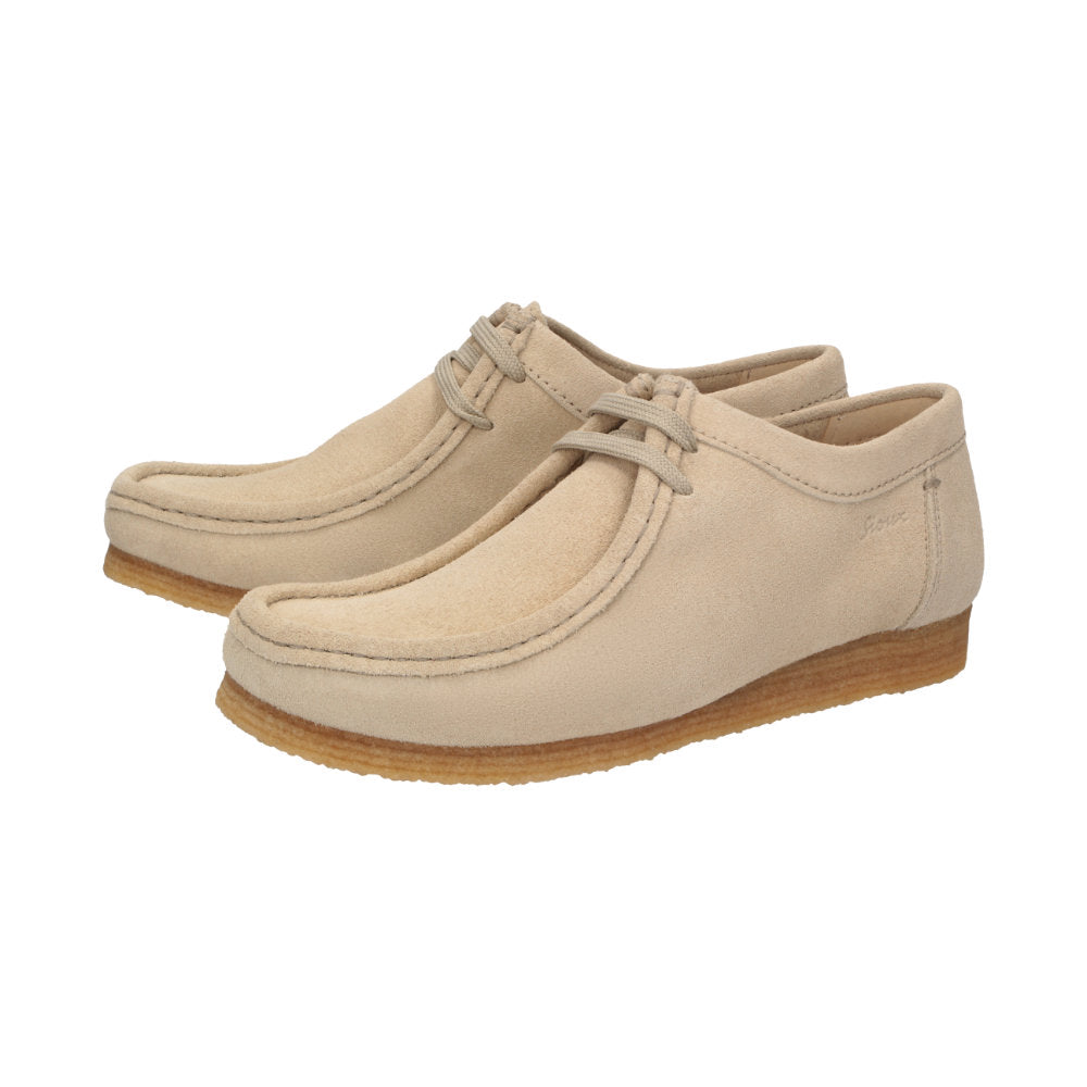 Side view of pair of Grashopper-D-015 cream calf suede barefoot loafer/ mocassin for women slim fit