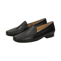 Angled front view of Campina black moccasin