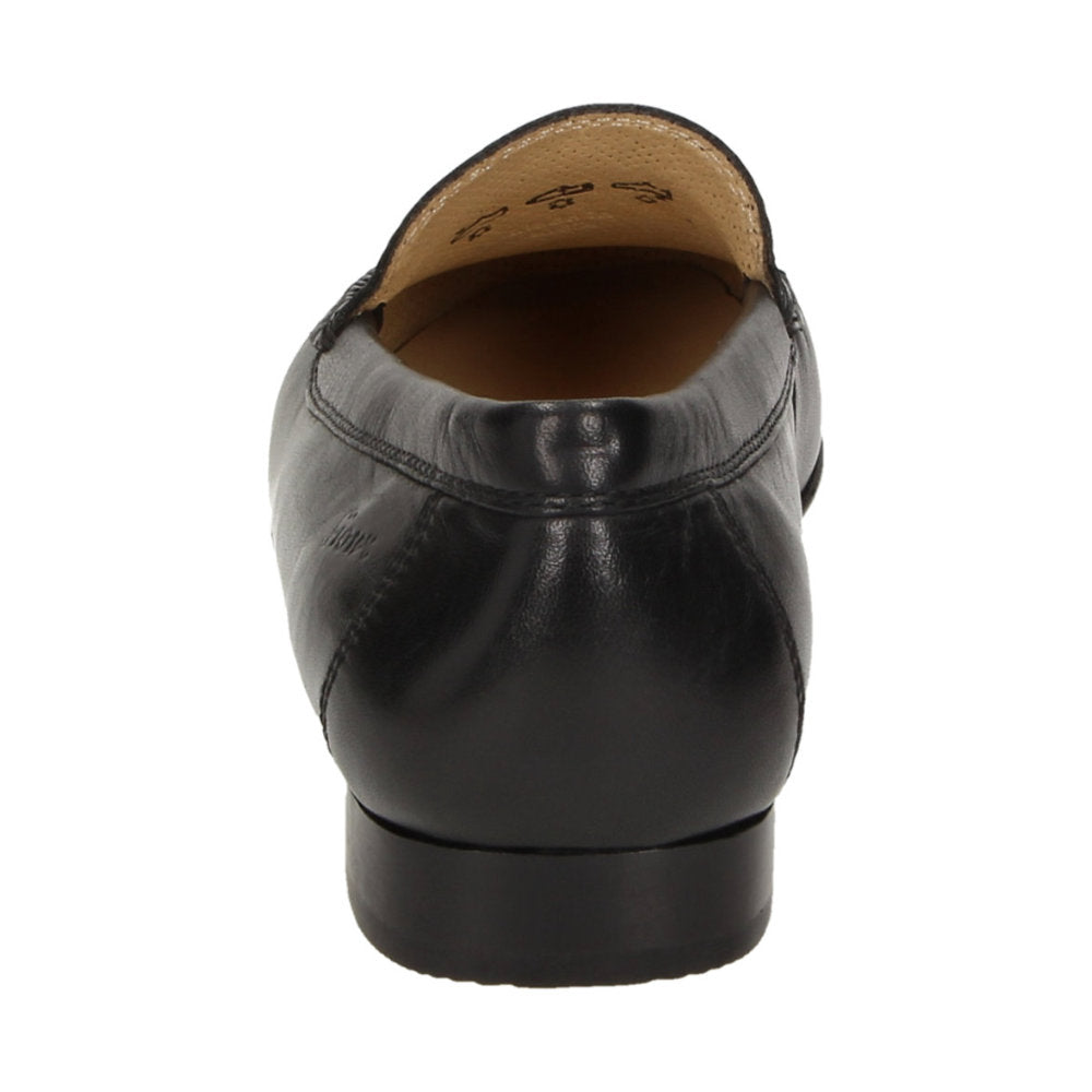 Side profile of black Campina showing classic moccasin design
