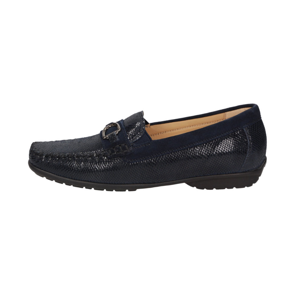 Outside view of  navy blue Cortizia women's loafer shoe on a white background showing snaffle trim, rubber black sole and snake-embossed kid leather H width