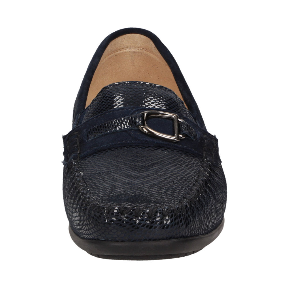 Front close-up view of navy blue Cortizia women's loafer shoe on a white background showing snaffle trim and snake-embossed kid leather H width