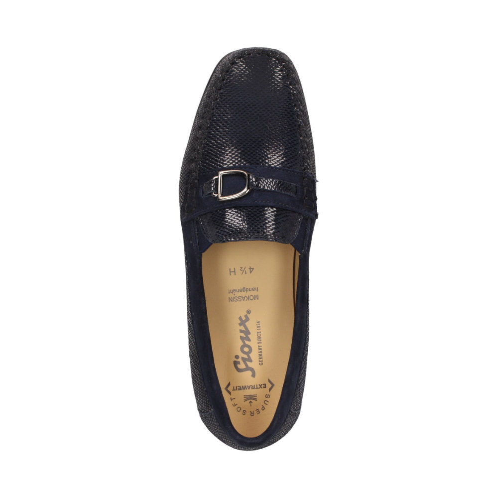 Top-down view of navy blue Cortizia women's loafer shoe on a white background showing snaffle trim, rubber black sole and snake-embossed kid leather