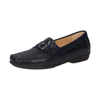 Outside view of Navy blue Cortizia women's loafer shoe on a white background showing snaffle trim, rubber black sole and snake-embossed kid leather H width
