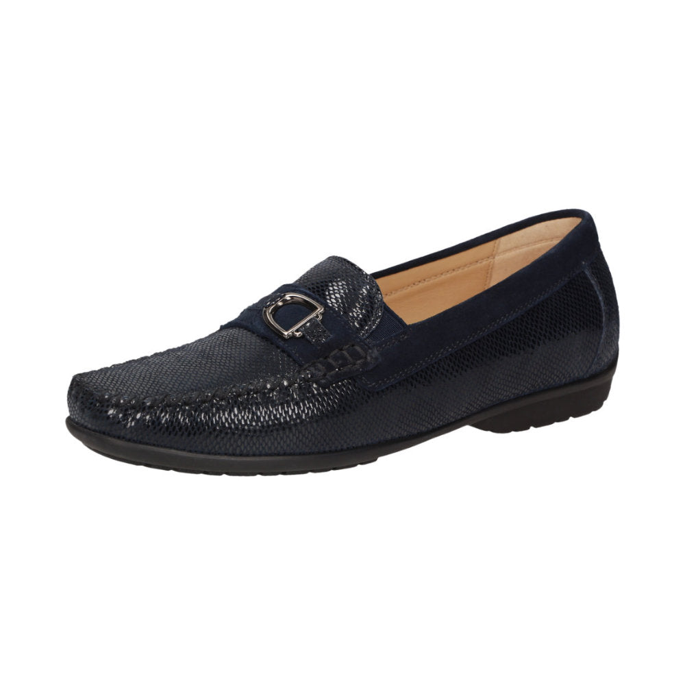 Outside view of Navy blue Cortizia women's loafer shoe on a white background showing snaffle trim, rubber black sole and snake-embossed kid leather H width