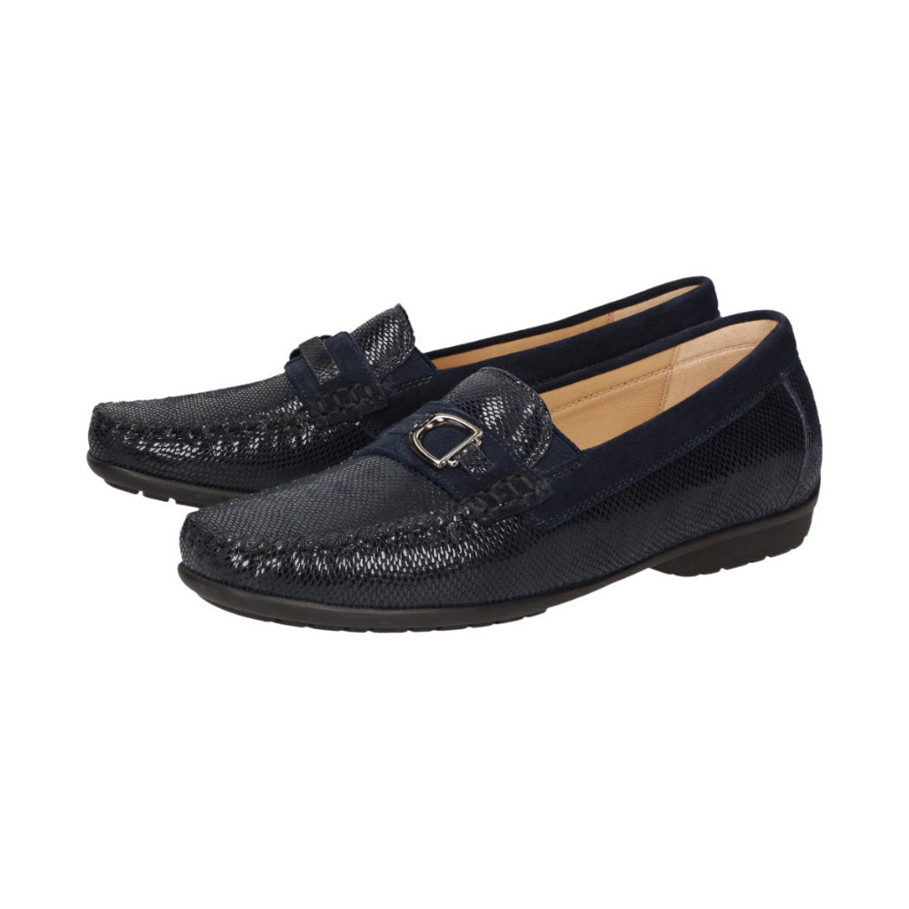 Pair of Navy blue Cortizia women's loafer shoe on a white background showing snaffle trim, rubber black sole and snake-embossed kid leather H Width