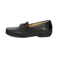 Black Cortizia women's loafer shoe on a white background showing metal snaffle trim, rubber black sole and Nappa