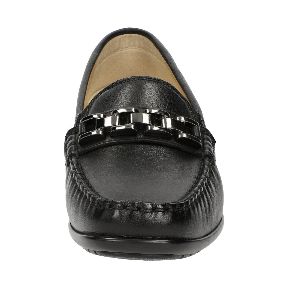 Inside view of Black Cortizia women's loafer shoe on a white background showing metal snaffle trim, rubber black sole and Nappa