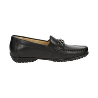 Top-down view of Black Cortizia women's loafer shoe on a white background showing metal snaffle trim, rubber black sole and Nappa