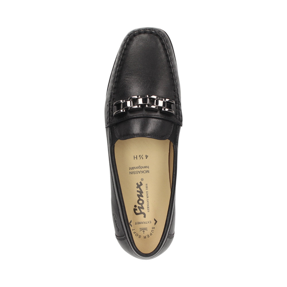 Bottom view of Black Cortizia women's loafer shoe on a white background showing high grip rubber black sole