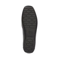Outside view of Black Cortizia women's loafer shoe on a white background showing metal snaffle trim, rubber black sole and Nappa