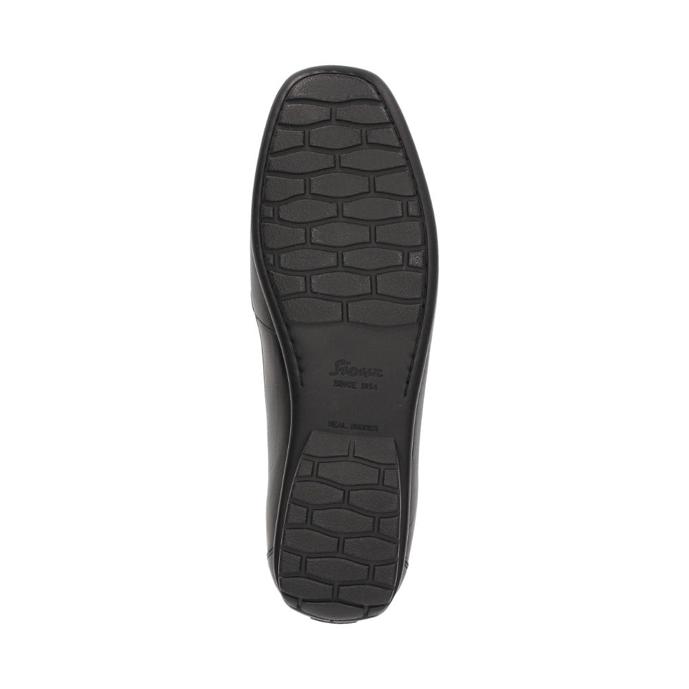 Outside view of Black Cortizia women's loafer shoe on a white background showing metal snaffle trim, rubber black sole and Nappa