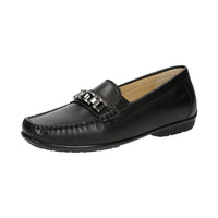 Pair of Black Cortizia women's loafer shoe on a white background showing metal snaffle trim, rubber black sole and Nappa