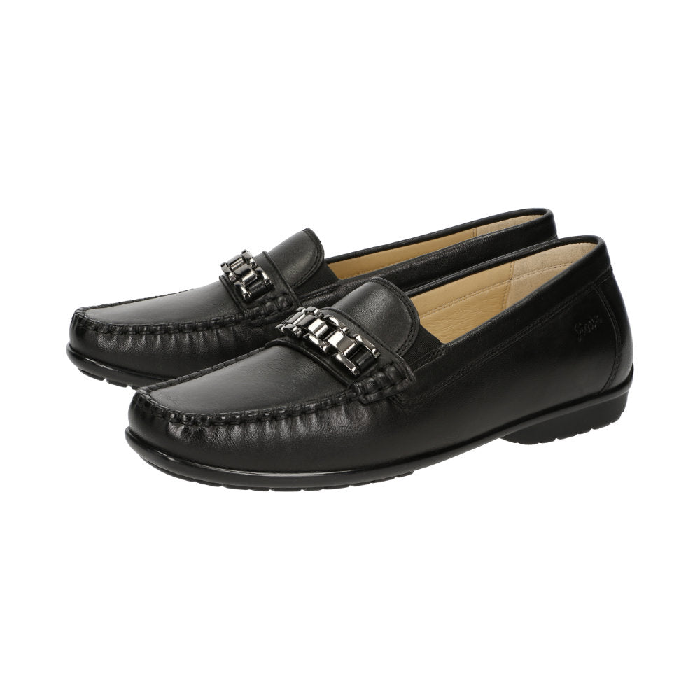 Back view of Black Cortizia women's loafer shoe on a white background showing Sioux brand on black rubber sole and Nappa