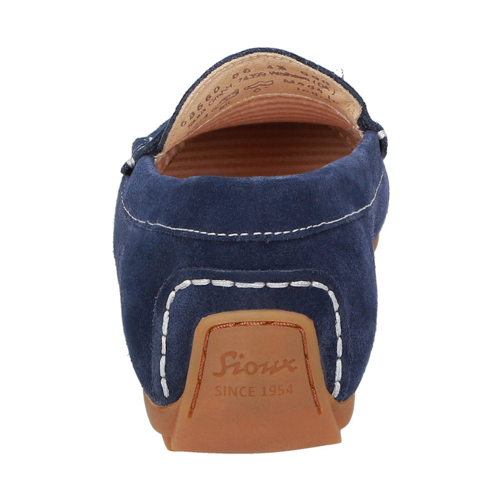 Front view of Carmona women's penny loafer / moccasin in navy calf suede with detail of quality craftsmanship