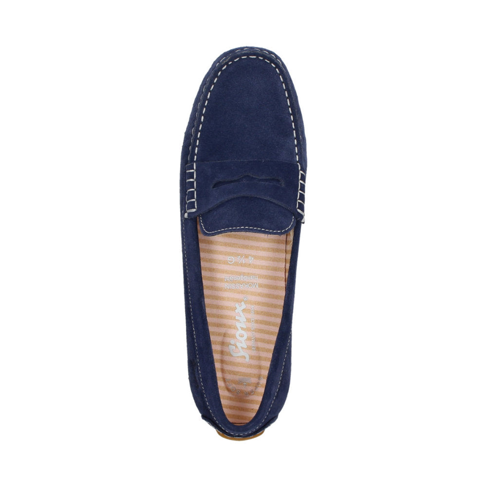 Top-down view of Carmona women's penny loafer / moccasin in navy calf suede highlighting soft, padded insole that can be replaced with a bespoke one