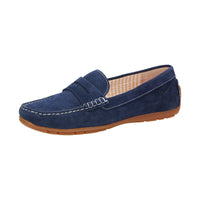 Back view of Carmona women's penny loafer / moccasin in navy calf suede highlighting sole detail and Sioux brand