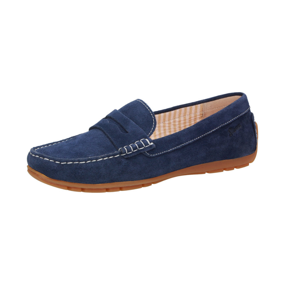 Back view of Carmona women's penny loafer / moccasin in navy calf suede highlighting sole detail and Sioux brand