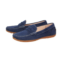 Side view of a pair of Carmona women's penny loafer / moccasin in navy calf suede