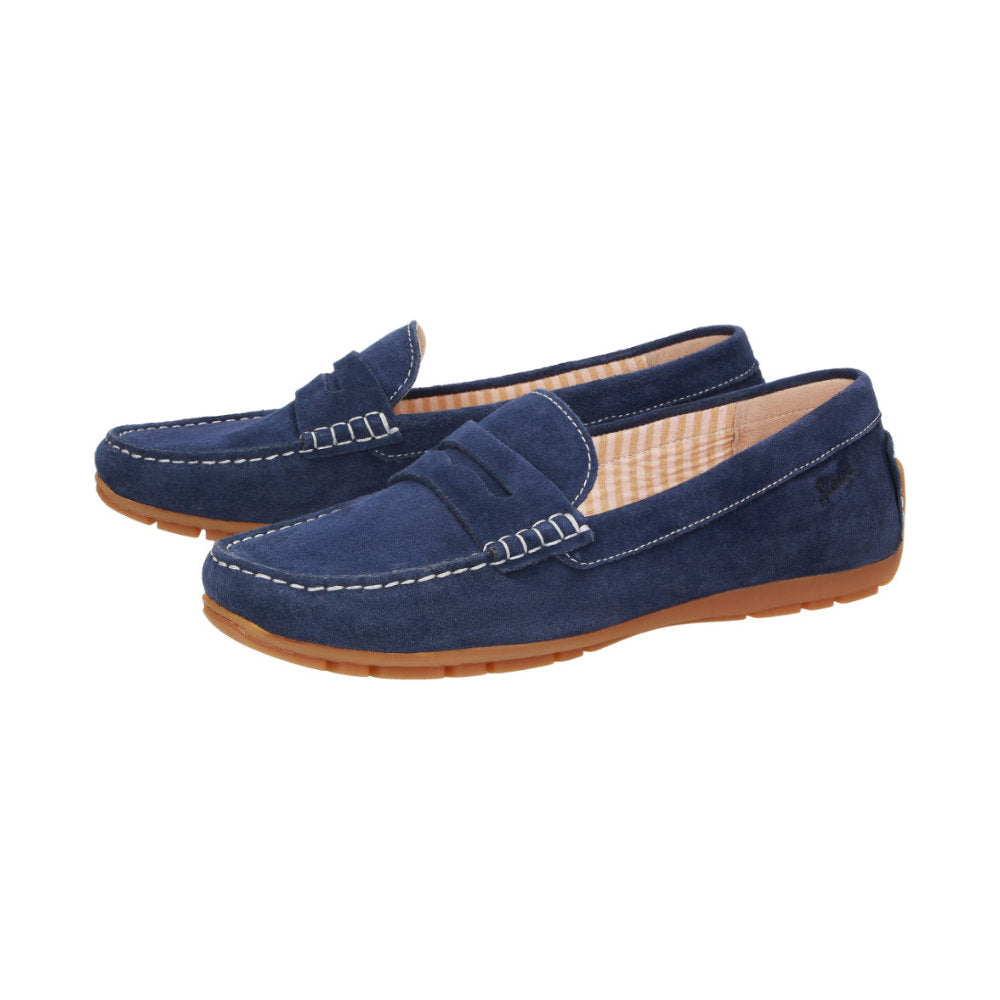 Side view of Carmona navy penny-loafer moccasin