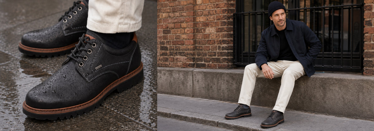 A split image showing a close-up of a man wearing dark brown brogue oxford shoes with cream trousers, and a man sitting on a brick ledge wearing a navy jacket, black beanie, navy shirt, and cream trousers. The shoes are the featured product.