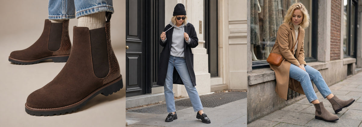 A three-panel collage showcasing dark brown suede Chelsea boots. The left panel shows a close-up of the boots on feet, the middle panel shows a woman wearing a black beanie and black coat with light-wash jeans, and the right panel shows a woman sitting on a stone ledge wearing a tan coat and light-wash jeans.