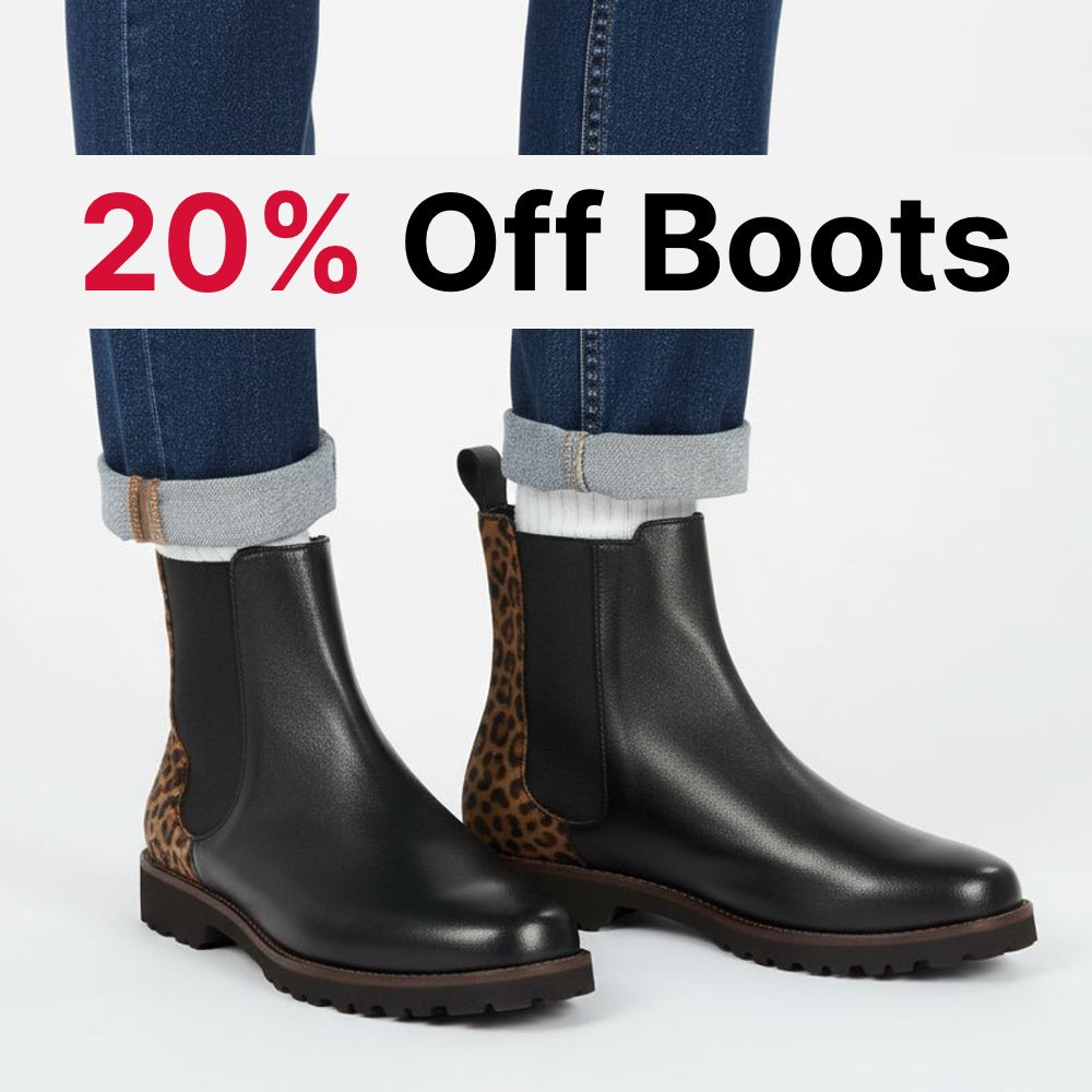 Black Meredith boots with leopard print, promotional text '20% Off Boots' on a white background.